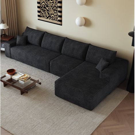Sofá de esquina modular 340 cm con chaise longue en L, sin montaje, tejido de pana negra HAVRYA (1/5)