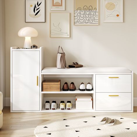 Meuble à chaussures 128x30x68 cm avec 2 tiroirs et 1 placard, banc de rangement brillant avec assise rembourrée, idéal pour entrée, salon, bureau, blanc (1/5)