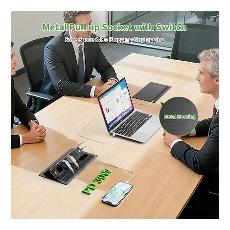 Multiprise Encastrable 2 USB C 30W Aluminium Prise Encastrable Plan de Travail avec Interrupteur Bloc Prise Escamotable pour Cuisines Bureaux Salle de Réunion 1.8M Câble Noir (1/4)