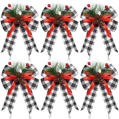 6er-Pack Weihnachtsschleifen mit Tannenzapfen, karierte Weihnachtsschleifen, schwarz-weißes Band, Weihnachtsbaumkranz-Dekoration für Weihnachtsfeiern, Bastelarbeiten drinnen und draußen, DIY-Dekoratio