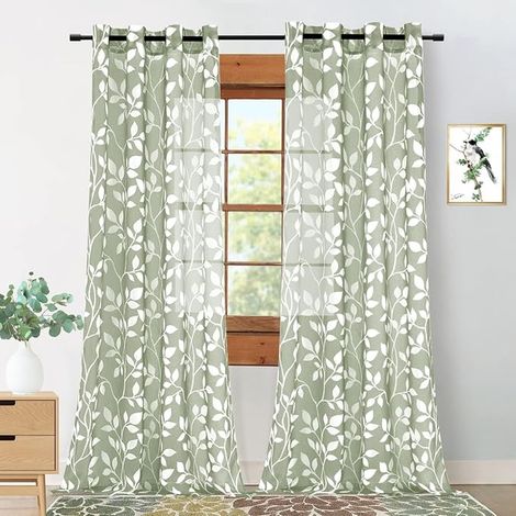 Rideaux Voilage Fenetre Gris-Vert Salon Moderne Panneaux de Rideaux Intérieurs, 140x225 CM, Rideau en Voile Transparent Motif Imprimé Feuilles à Oeillets pour Chambre Adulte (1/3)