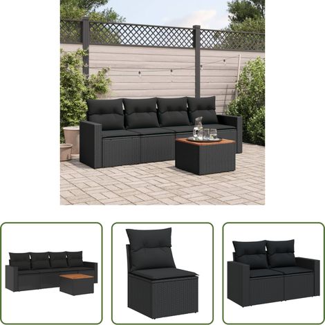 vidaXL Rattanmöbel - 5-tlg. Garten-Sofagarnitur mit Kissen Schwarz Poly Rattan (1/5)