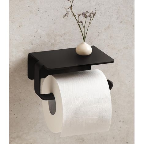 Porte Papier Toilette sans perçage  Support Papier Toilette Mural avec étagère  Dérouleur WC adhésif  Porte-Rouleau pour Salle de Bain en métal  Noir (1/5)