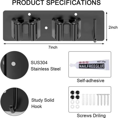 Supporto da parete per scopa e mocio: robusta staffa in acciaio inox con pratico gancio, ideale per garage, cucina, lavanderia e bagno (confezione da 2). (1/4)