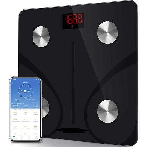Échelle de poids, impédancemètre Bluetooth intelligent, échelle de mesure d'impédance avec 13 types de données corporelles (IMC/graisse corporelle/masse osseuse/BMR/muscle/eau) pour mesurer la taille, (1/2)