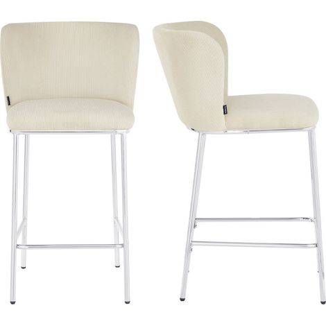 Lot de 2 tabourets de bar en velours côtelé beige, piètement chromé - Toma