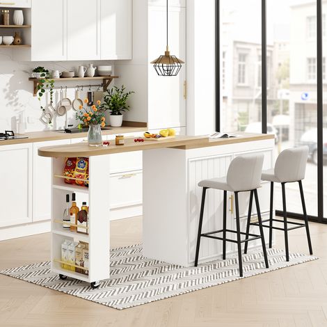 URBAN MEUBLE Table de bar blanche effet bois avec plateau pivotant 360° modulable 128-203cm (1/5)