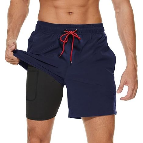 Short de bain homme avec doublure de compression, séchage rapide, extensible, 2 en 1, avec poches zippées (1/5)