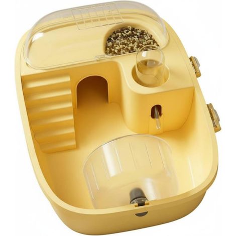 Jaula para hámster con hábitat completo, rueda de actividades, bebedero, sistema antiescape, comedero integrado, ventilación óptima, vista panorámica, apta para viajes, color amarillo. (1/5)