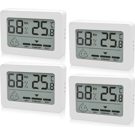 Set mit 4 digitalen Mini-Thermometern/Hygrometern für den Innenbereich mit Smiley-Gesichtsanzeige, für Babyzimmer, Wohnzimmer, weiß. (1/5)