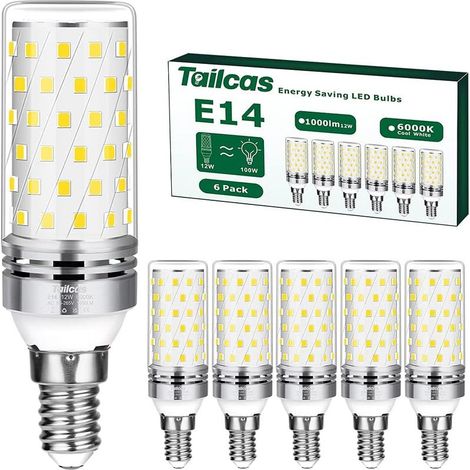Lot de 6 Ampoules Led E14 Blanc Froid, 12W (Équivalent Halogène 100W ) Ampoule Culot Edison à vis E14 6000K 1000LM Non-Dimmable Sans Scintillement AC 220-240V pour Cristal Lustre, Lampe de table (1/5)