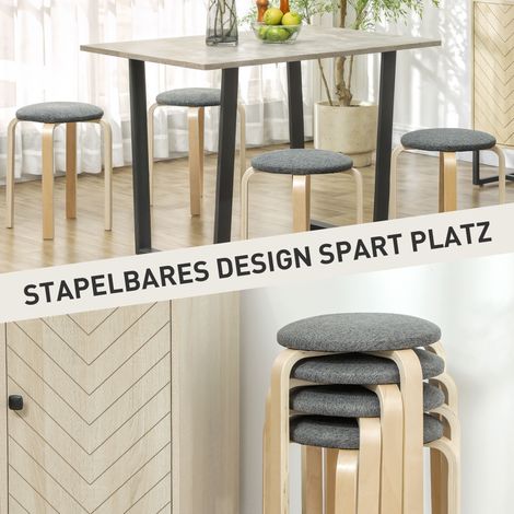 Lot de 4 tabourets rembourrés empilables, assise laquée grise, piètement en bois (1/4)