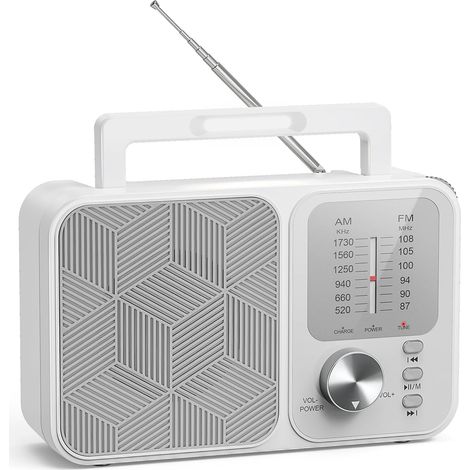 Radio Portable AM/FM, Alimentation Secteur et Batterie, Blanc, Carte TF, Prise Casque 3,5 mm, Poignée de Transport pour Maison/Extérieur/Camping/Urgence