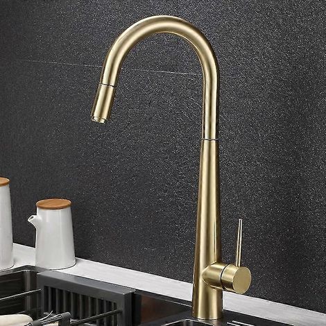 Robinet de cuisine monocommande avec finition or brossé, bec extensible et jet, coloris or rose et noir (1/4)