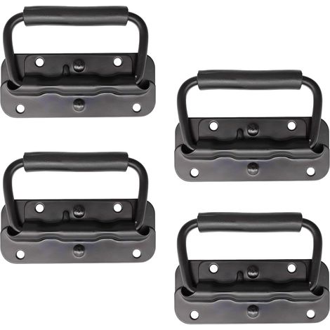 Manija plegable de acero inoxidable de 4 piezas con resorte, 100 mm, para puertas plegables, manija para cajas plegables, manija para cajas de herramientas, puertas de armarios y escotillas (Negro) (1/5)