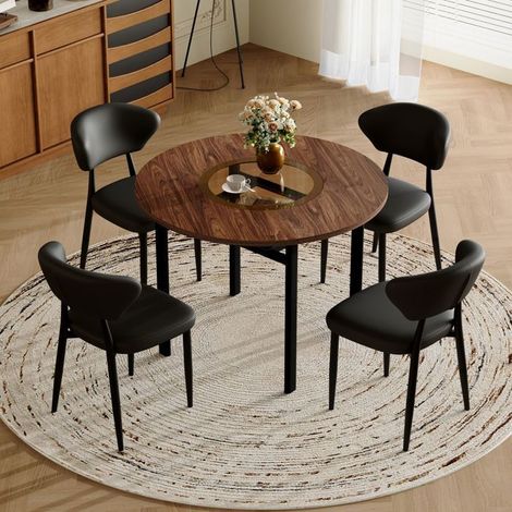 Ensemble Table et Chaises Ø 100 cm 4 Chaises Table Ronde aspect Bois Noires Matériau PU Dossier incurvé (1/5)