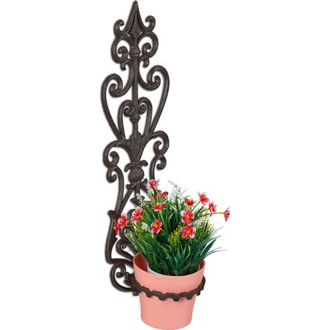 Relaxdays Support pot de fleurs, crochet plantes, diamètre 14,5 cm, en fonte, HLP : 54x17x18 cm, design antique, marron