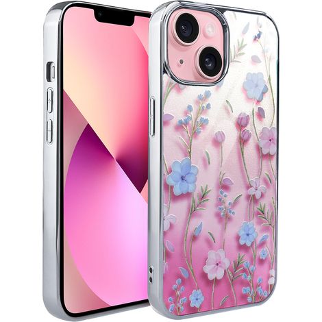 iPhone 15 ibizu Elite Glass 3D Hülle, Glasrückseite, Sommerblumen bei Sonnenuntergang, Silber (1/5)