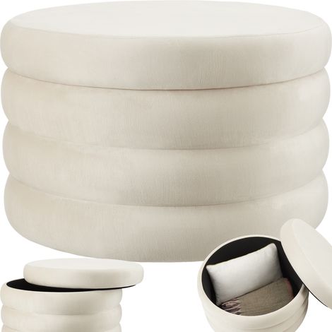 Tabouret rembourré rond avec rangement revêtement velours crème