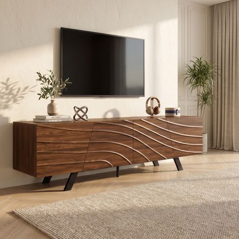 Meuble TV 160x39x50.5cm avec Rangement et Gestion des Câbles, Pieds en Fer, Style Industriel Moderne, Noyer (1/5)
