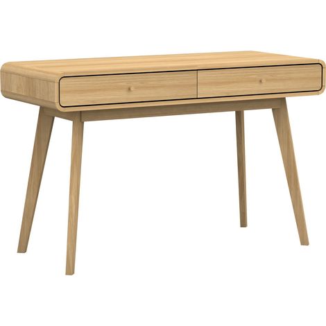 Bureau droit en bois manufacturé effet chêne – 2 tiroirs sur glissières métal – Design moderne avec bords arrondis – Compact pour petits espaces
