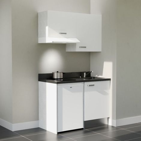 Kitchenette K01L - 120 cm - plan monobloc évier intégré Nero- évier à droite - Façades Blanc + Electroménager inclus coloris Blanc