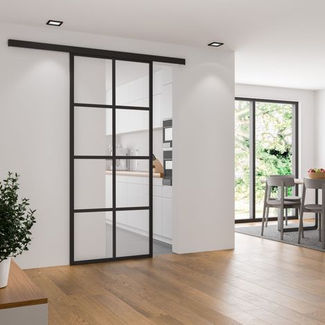 Porte coulissante intérieure en verre, 88 x 203 cm, décor industriel 8 fenêtres