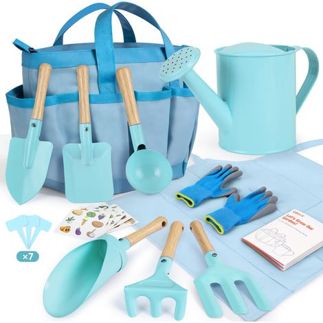 Kit Jardinage Enfant, 13 Pièces Kit Outils de Jardin, Outils de Jardinage pour Enfants, Jouet de Jardin Enfants avec Sac à Main,Tablier, Pelle, Râteau, Arrosoir, Gants, Bleu (1/5)