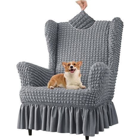 Funda universal para sillón orejero de tela seersucker con falda de volantes (gris) (1/4)