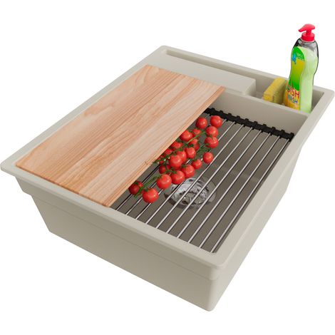 PRIMAGRAN Evier Cuisine en Granit 43x53cm,Lavabo 1 bac + Kit de Vidage + Accessoires, Évier à Encastrer au meuble 45cm - Oslo Pocket, Beige (1/5)
