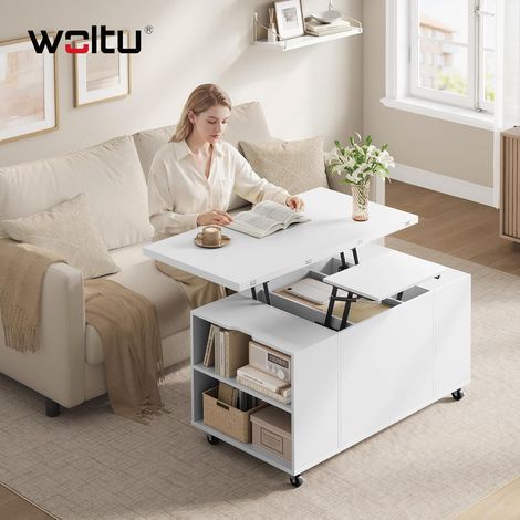 WOLTU Mesa de centro doble elevable, moderna, con cajón, espacio de almacenamiento y ruedas, para sofá de sala, blanco