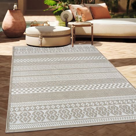 Paco Home Outdoor Teppich Flachgewebe modern Boho Ethno wetterfest Außenbereich 160x220 cm, Beige