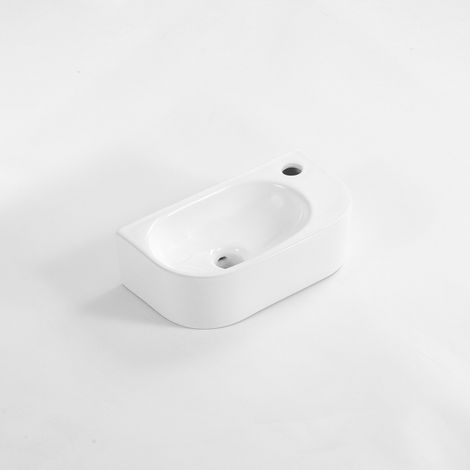 QeramiQ Pure Lavabo compact - 40x22x12cm - À droite - Lisse - semi‑rond - 1 trou de robinet - Céramique - Blanc brillant