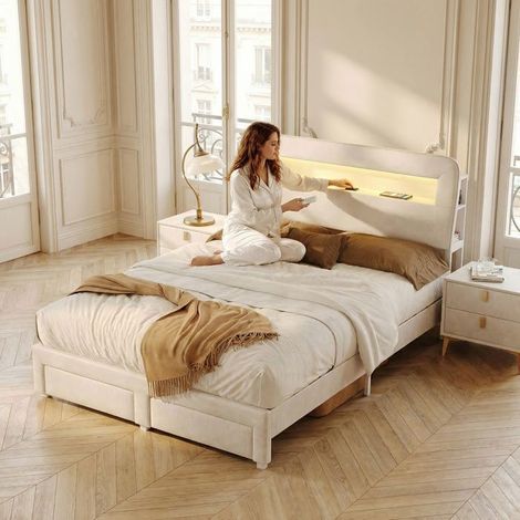 Lit 2 posti - POCKETPOP - 140x190 cm - Velluto beige - Cassetti, LED e USB (1/5)