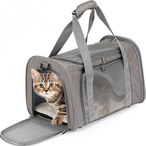 Transportbox für Haustiere, 44,5 x 28,5 x 29,2 cm, mittlere Größe, Grau, tragbare Reisebox für kleine Haustiere, Katzen und kleine Hunde, atmungsaktives Netzgewebe, Sicherheitsleine innen, Seitentasch (1/5)