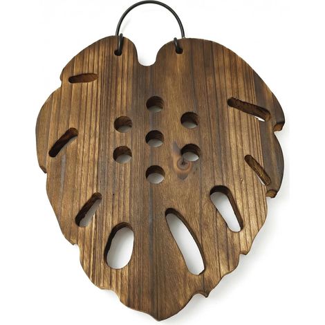 Pot mural en bois carbonisé avec anneau pré installé, motif feuille de Monstera, support (1/5)