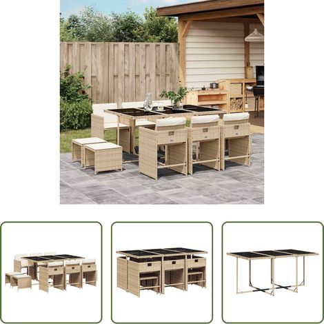 Gartentisch - 11-tlg. Garten-Essgruppe mit Kissen Beige Poly Rattan (1/5)