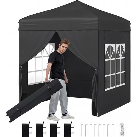 Tonnelle de Jardin, Pop Up Tente Pliable, avec 4 Côtés, Sac de Sable, Hauteur Réglable, Structure Métallique, Sac de Transport, Barnum Pliable, Noir (1/5)