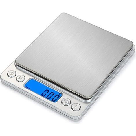 Báscula de cocina de alta precisión 500g/0,01g – Pantalla LCD retroiluminada – Función tara, PCS, 2 platos de acero (1/5)