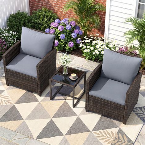 Salon de jardin marron gris en résine tressée avec 2 chaises à coussins et table en verre trempé pour balcon terrasse et jardin (1/5)