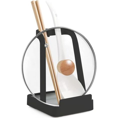 Porta coperchi e porta cucchiai con vassoio raccogligocce removibile - Acciaio - Supporto per coperchi di pentole, spatole, taglieri, libri di cucina (Nero) (1/4)
