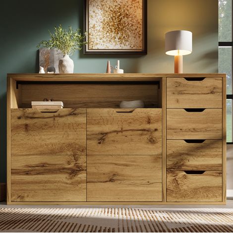 Aparador de MDF efecto roble 150x40x90 cm con 2 puertas, 4 cajones y baldas regulables (1/5)