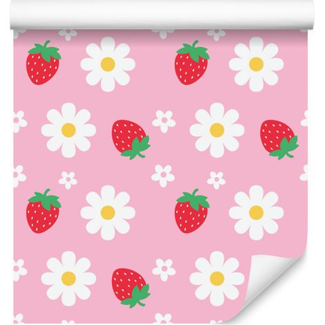 Papier peint Fraises et Marguerites Rose poudré, Blanc et Rouge 50x1000 cm (1/4)