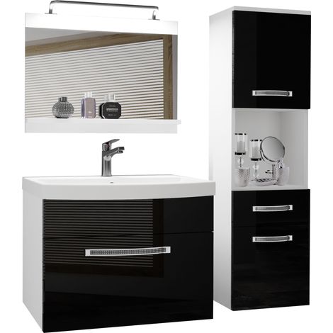BELINI Meuble de Salle de Bain Lavabo Inclus, Meuble sous-Vasque, Miroir et Cabinet Haut Largeur: 100 cm Kit d'éclairage Inclus Couleur : Noir très Brillant (1/5)