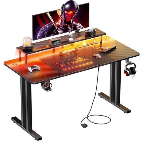 Büro Gaming - EcoFurnix - 120 x 60 cm - Steckdose und USB - Monitorhalterung & Kopfhörerhaken