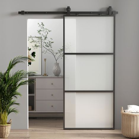 Puerta corredera con cristal esmerilado, sistema de rieles, kit de montaje, mecanismo de cierre suave, fácil montaje, acero, negro. (1/4)