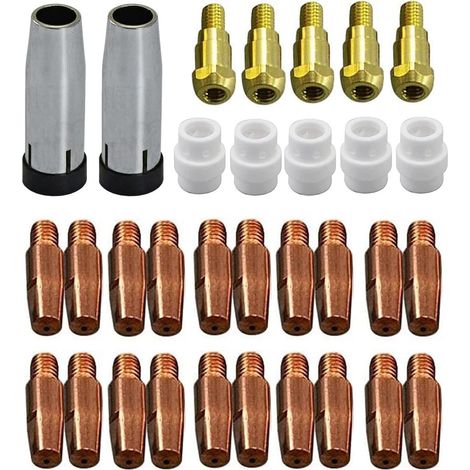 MIG MAG Électrodes Contact M6 0,9mm 140.0169 Buse Conique Gaz 145.0080 Support Pointe de Soudure 142.0003 Diffuseuse Gaz Céramique 012.0183 pour torche de soudure 24KD MB24 32pcs (1/5)