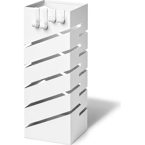 VOUNOT Metal Umbrella Stand, Freestanding Holder with Drip Tray & 4 Hooks, Diagonal Pattern, White