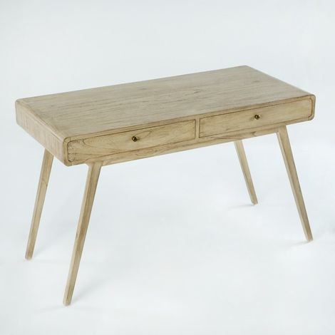 Bureau 2 tiroirs bois massif peint blanc voilé Revi (1/2)