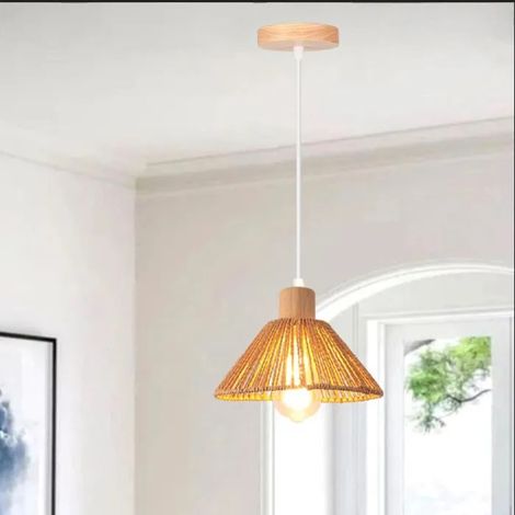 Lustre Rétro 22cm,E27 Suspension Luminaire Industriel Abat-jour en Rotin et Bois Plafonnier Vintage pour Salon Chambre (1/5)